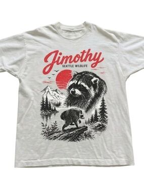 White Tee with Red & Black Seattle Wildlife Raccoon Graphic - Gift
